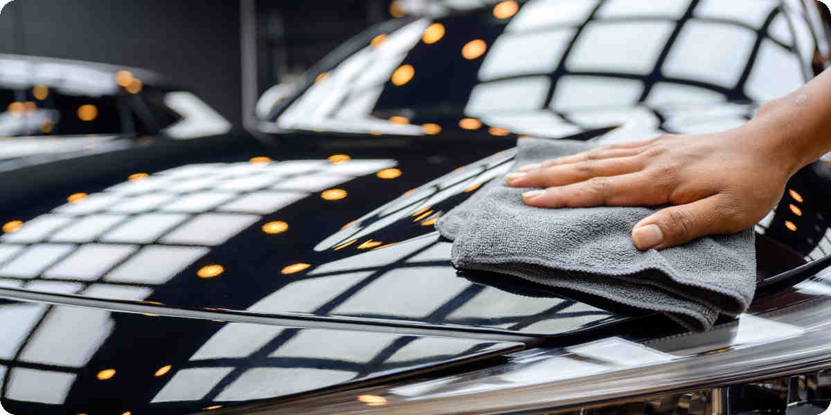 Eine Hand reinigt eine Motorhaube mit einem Mikrofasertuch.